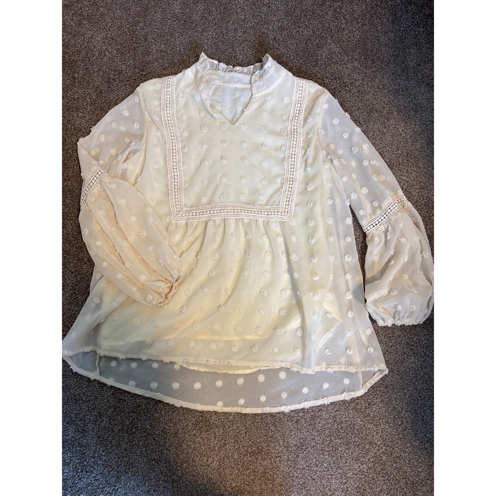 Swiss Dot Blouse Womens Cream Excellent Boho Lace Ruffle Top